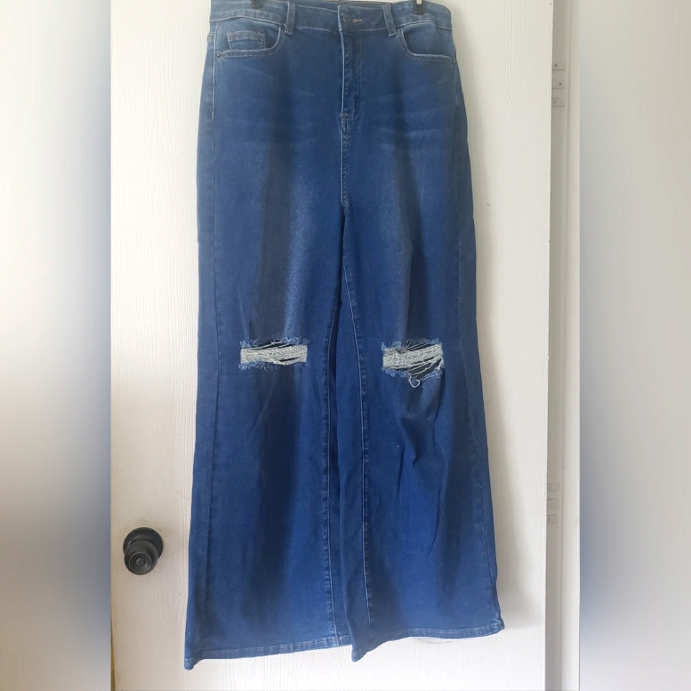 FabKids Girls Plus Size 18 Blue Distressed Jeans Wide Leg